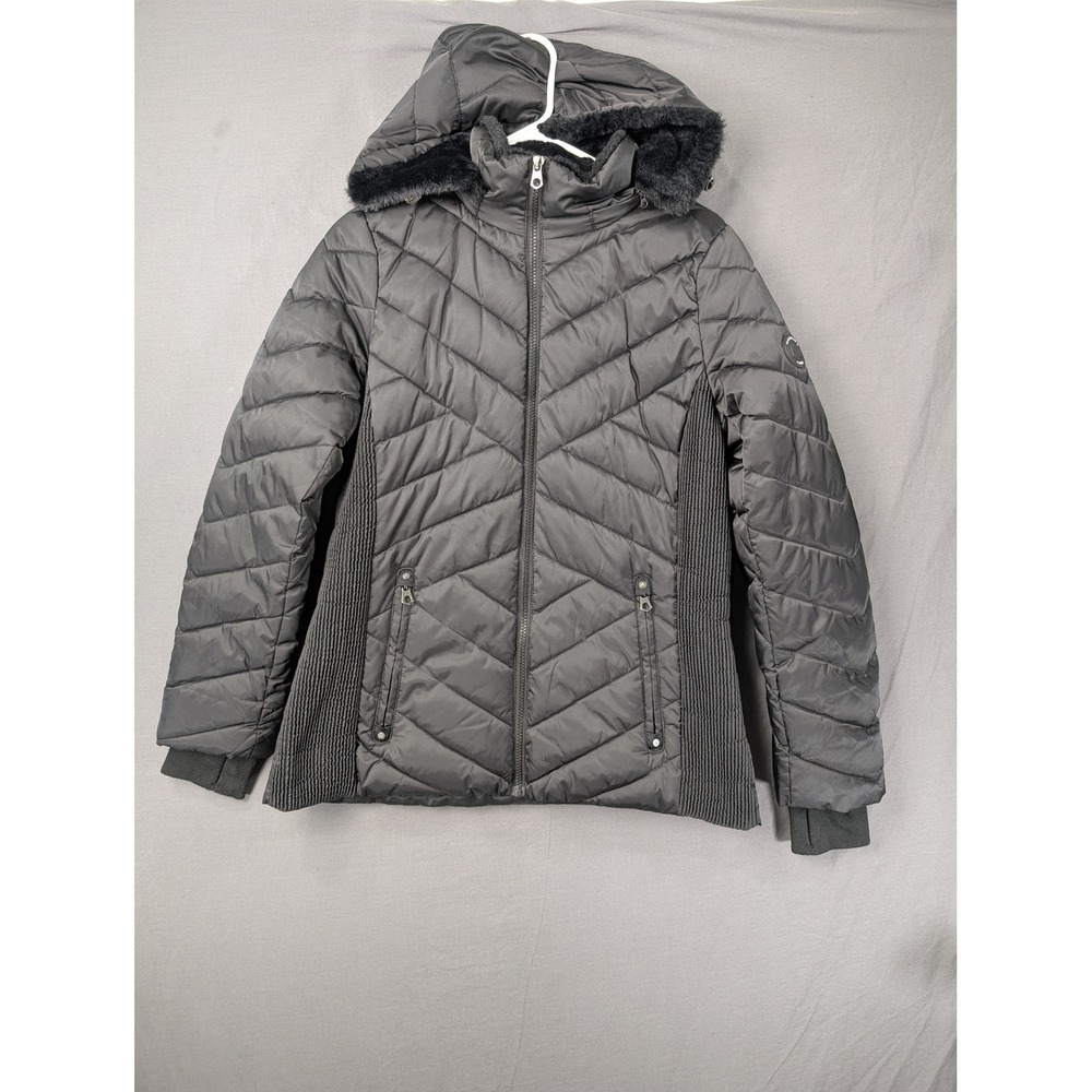 Nautica Womens Black Quilted Puffer Jacket Faux Fur Hood Medium Water Resistant